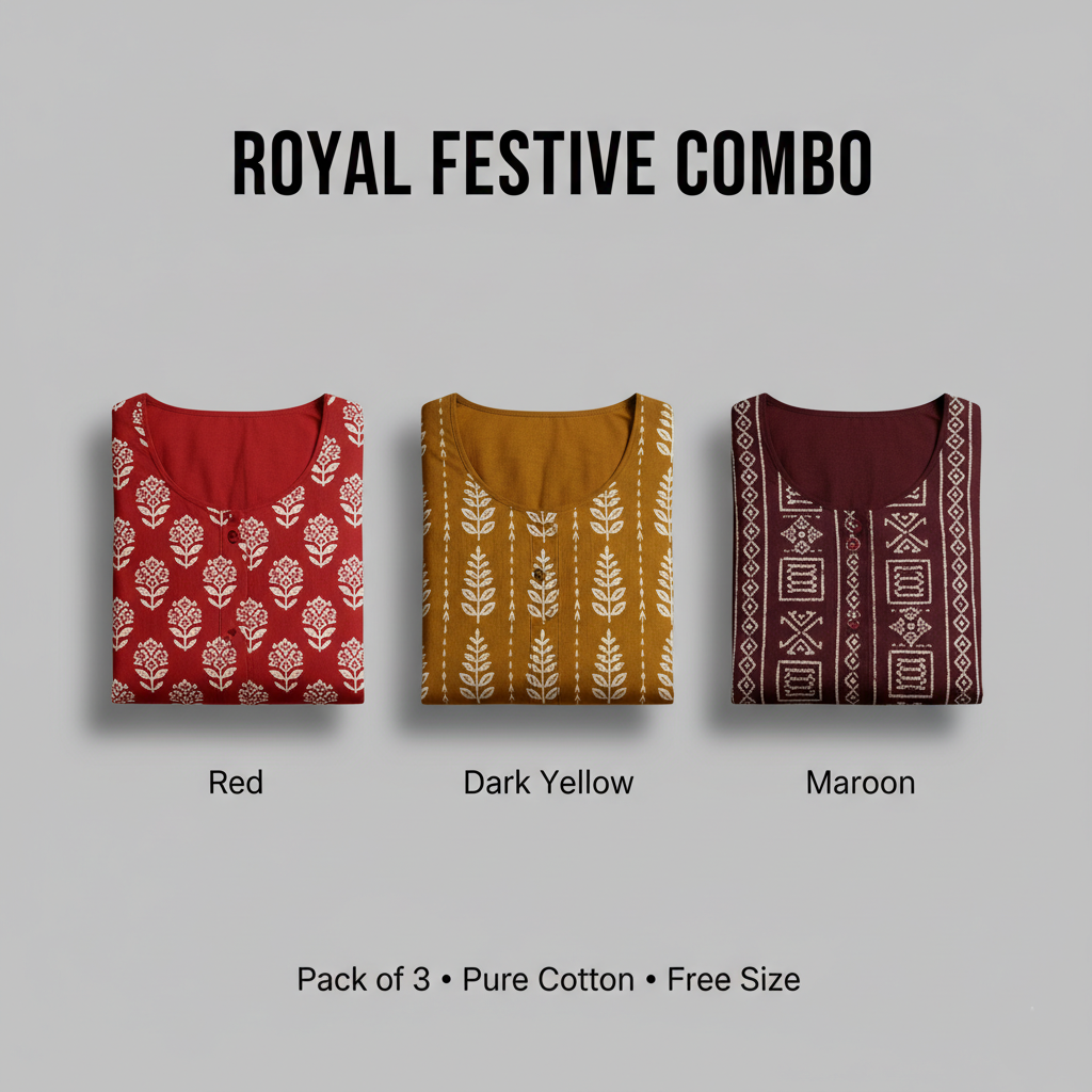 Royal Festive Combo – Red, Dark Yellow & Maroon Nighty Combo (Pack of 3)