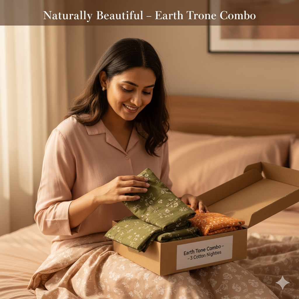 Women’s Cotton Nighty Combo of 3 – Earth Tone (Brown, Green & Orange) | Free Size | Soft Cotton Nightwear for Everyday Comfort