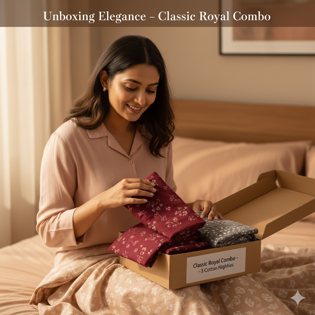 Women’s Cotton Nighty Combo of 3 – Classic Royal (Maroon, Blue & Grey) | Free Size | Soft Cotton Nightwear | Elegant & Premium Look