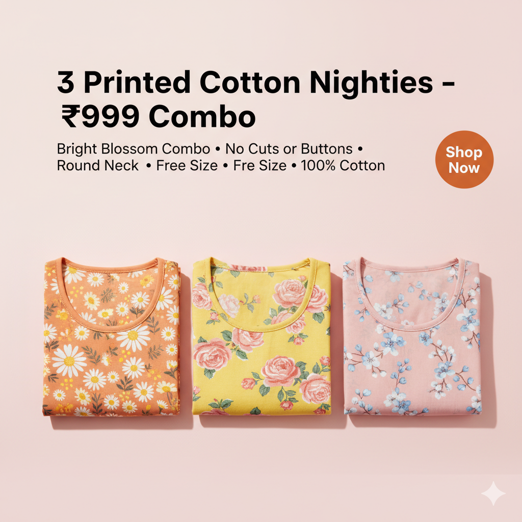 Women’s Cotton Nighty Combo of 3 – Bright Blossom (Orange, Yellow & Pink) | Free Size Fits Bust 32–44″ | Soft Cotton Nightwear | Made in India