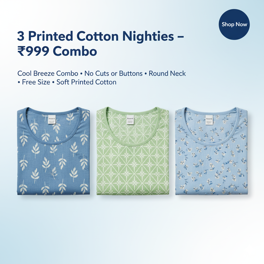Women’s Cotton Nighty Combo of 3 – Cool Breeze (Blue, Green & Sky Blue) | Free Size | 100% Cotton Soft Nightwear | Made in India