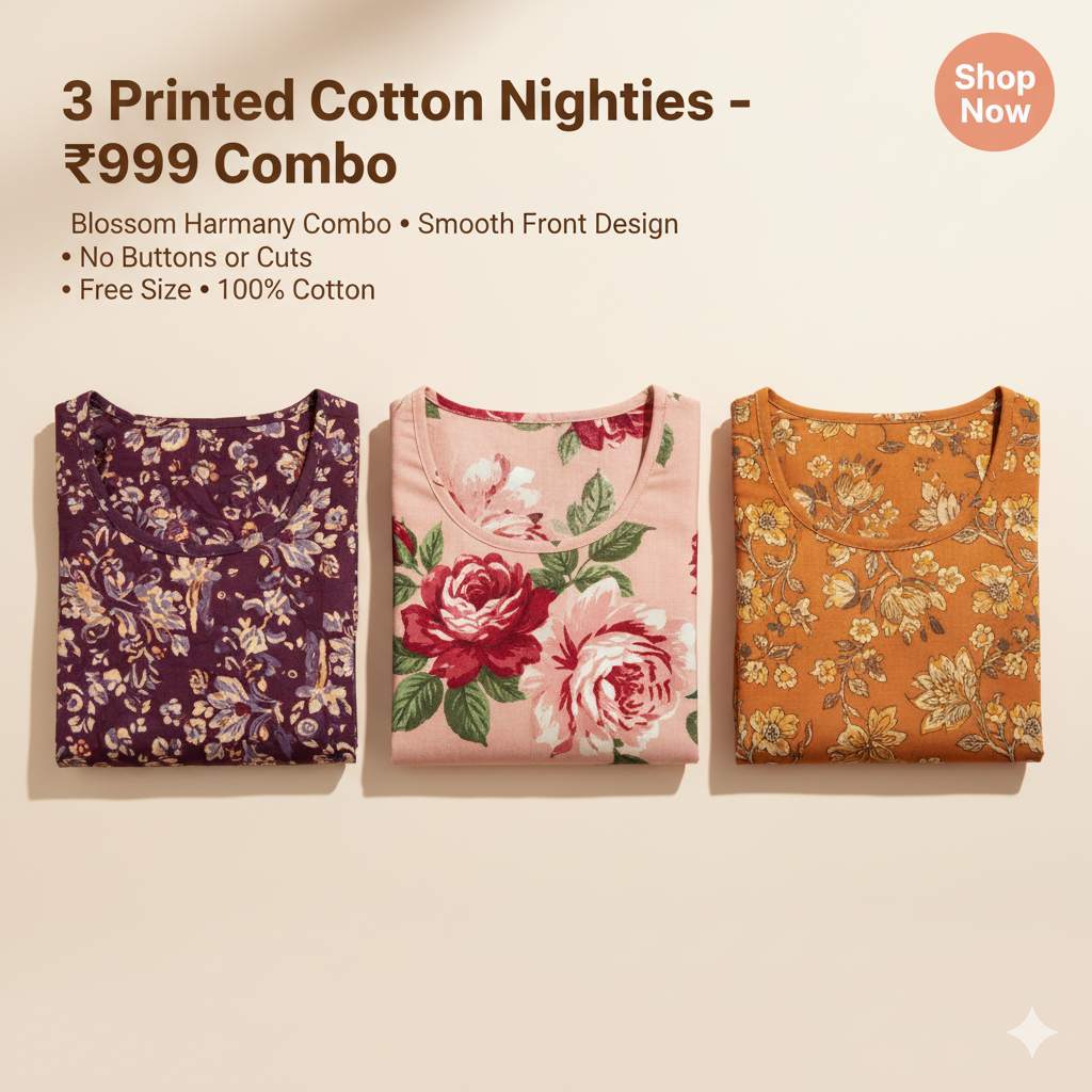 Women’s Cotton Nighty Combo of 3 – Blossom Harmony (Purple, Pink & Orange) | Free Size | Soft Cotton Nightwear | Comfortable Daily Wear
