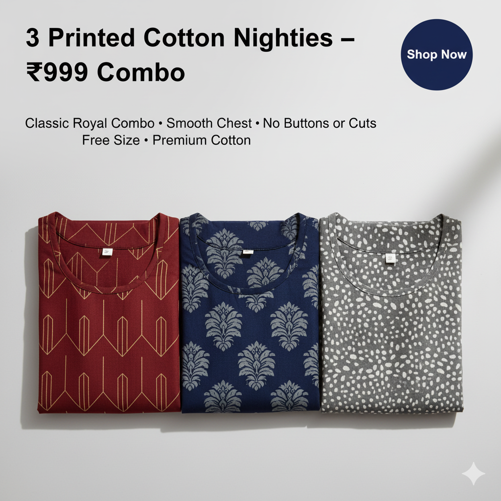 Women’s Cotton Nighty Combo of 3 – Classic Royal (Maroon, Blue & Grey) | Free Size | Soft Cotton Nightwear | Elegant & Premium Look