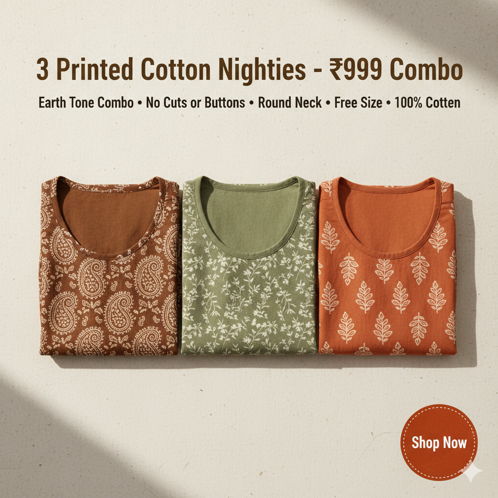 Women’s Cotton Nighty Combo of 3 – Earth Tone (Brown, Green & Orange) | Free Size | Soft Cotton Nightwear for Everyday Comfort
