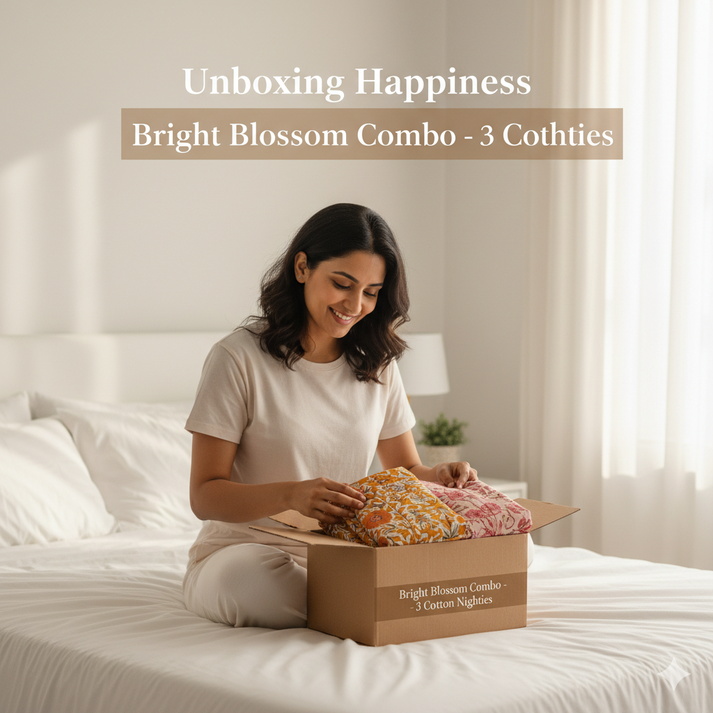 Women’s Cotton Nighty Combo of 3 – Bright Blossom (Orange, Yellow & Pink) | Free Size Fits Bust 32–44″ | Soft Cotton Nightwear | Made in India