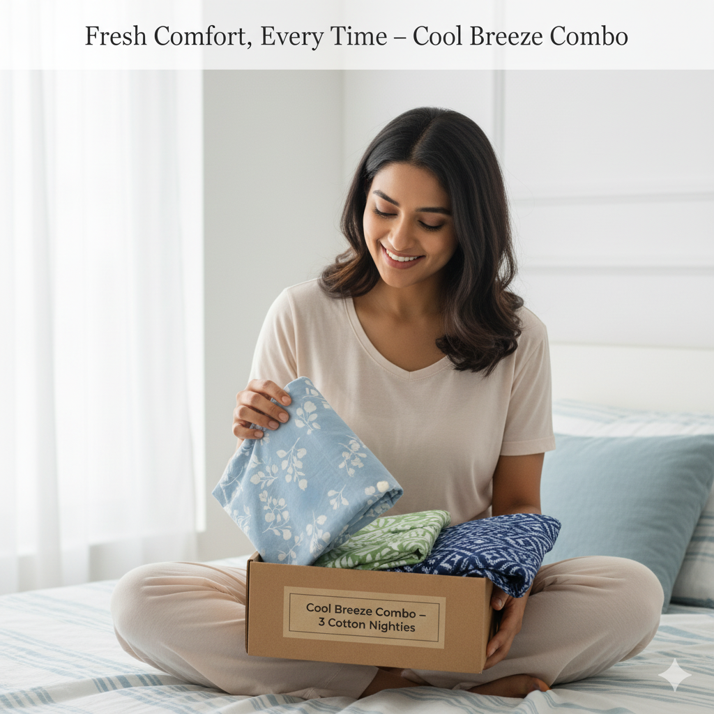 Women’s Cotton Nighty Combo of 3 – Cool Breeze (Blue, Green & Sky Blue) | Free Size | 100% Cotton Soft Nightwear | Made in India