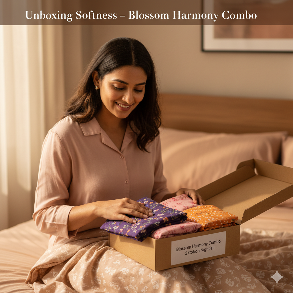 Women’s Cotton Nighty Combo of 3 – Blossom Harmony (Purple, Pink & Orange) | Free Size | Soft Cotton Nightwear | Comfortable Daily Wear