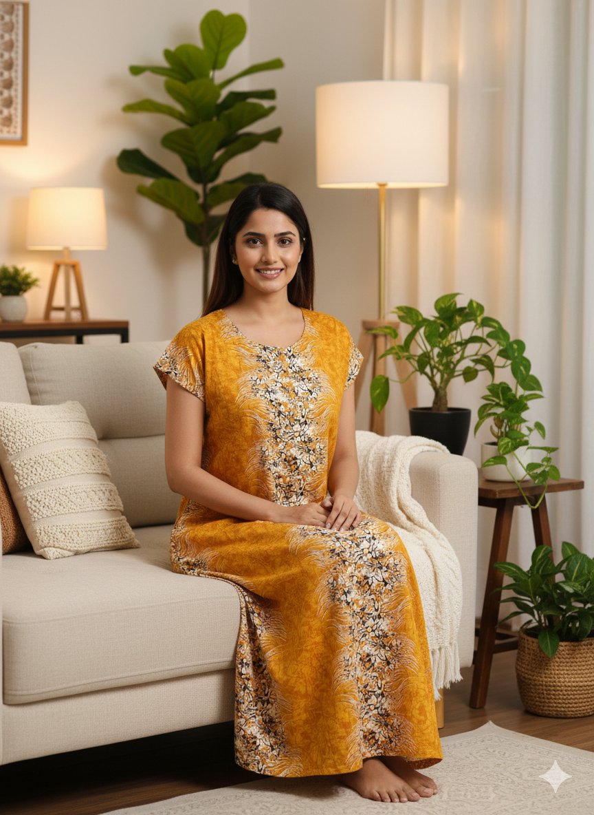 Women’s Cotton Nighty Combo of 3 – Bright Blossom (Orange, Yellow & Pink) | Free Size Fits Bust 32–44″ | Soft Cotton Nightwear | Made in India