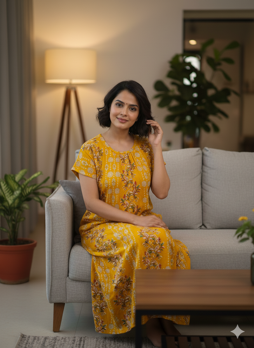 Women’s Cotton Nighty Combo of 3 – Bright Blossom (Orange, Yellow & Pink) | Free Size Fits Bust 32–44″ | Soft Cotton Nightwear | Made in India