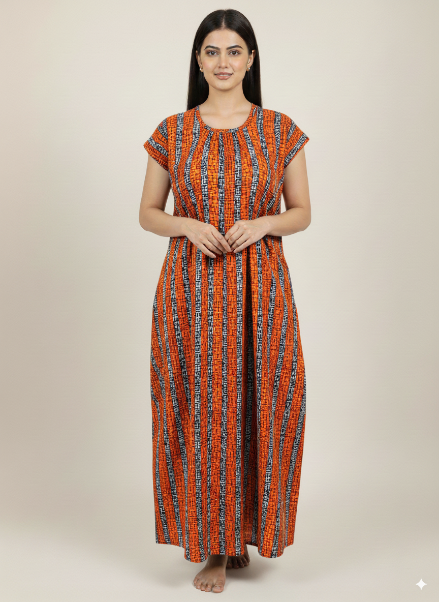 Women’s Cotton Nighty Combo of 3 – Bright Blossom (Orange, Yellow & Pink) | Free Size Fits Bust 32–44″ | Soft Cotton Nightwear | Made in India