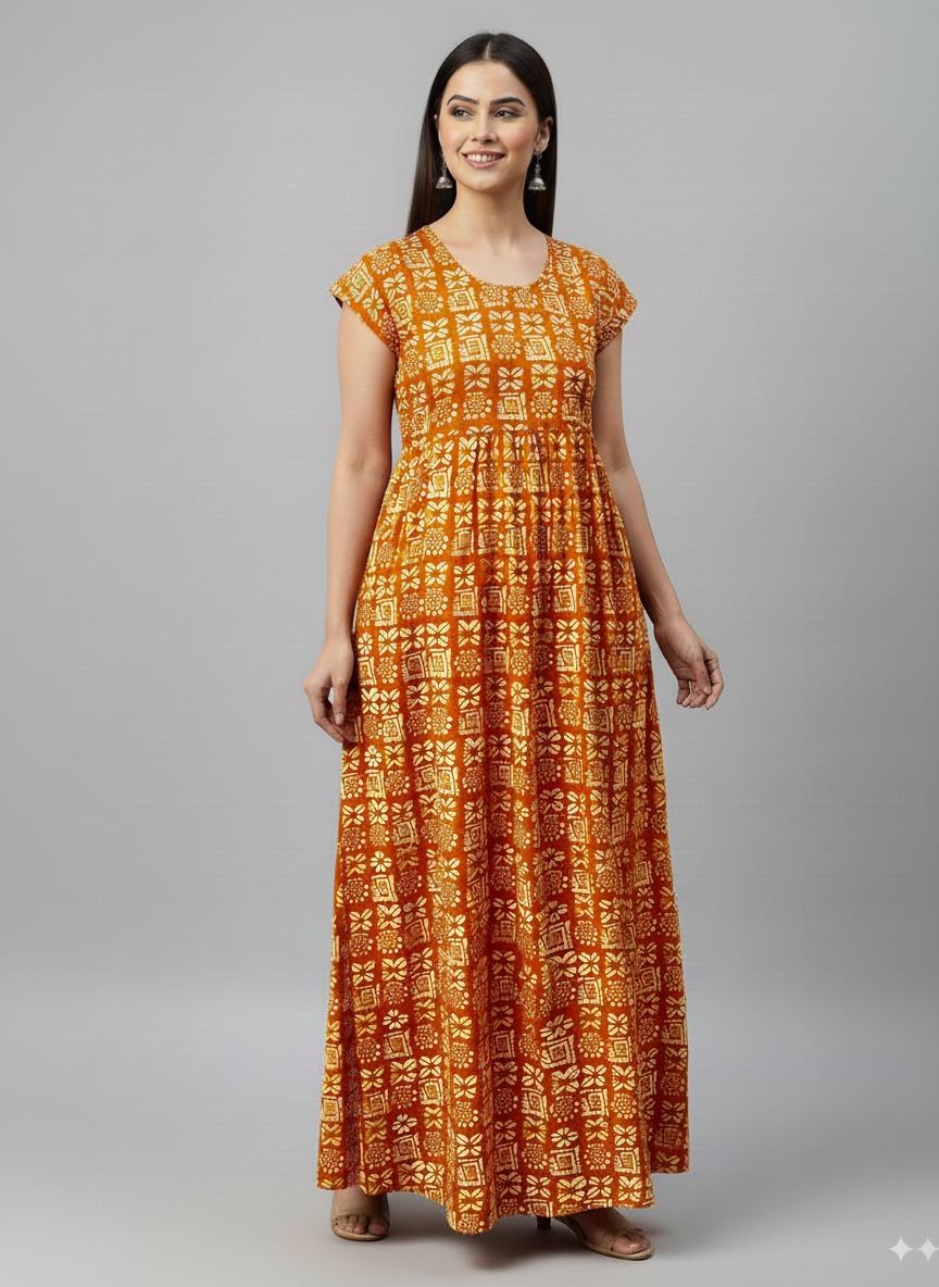 Women’s Cotton Nighty Combo of 3 – Bright Blossom (Orange, Yellow & Pink) | Free Size Fits Bust 32–44″ | Soft Cotton Nightwear | Made in India