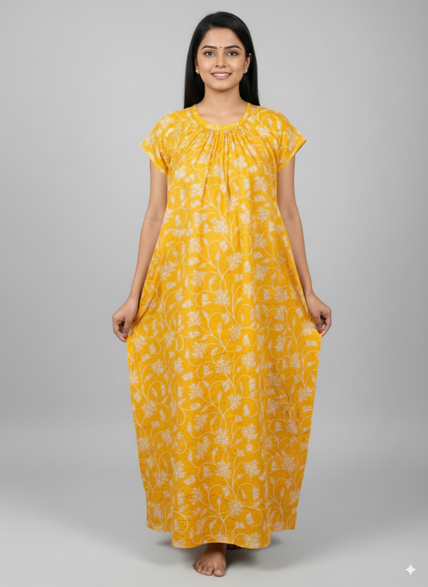 Women’s Cotton Nighty Combo of 3 – Bright Blossom (Orange, Yellow & Pink) | Free Size Fits Bust 32–44″ | Soft Cotton Nightwear | Made in India