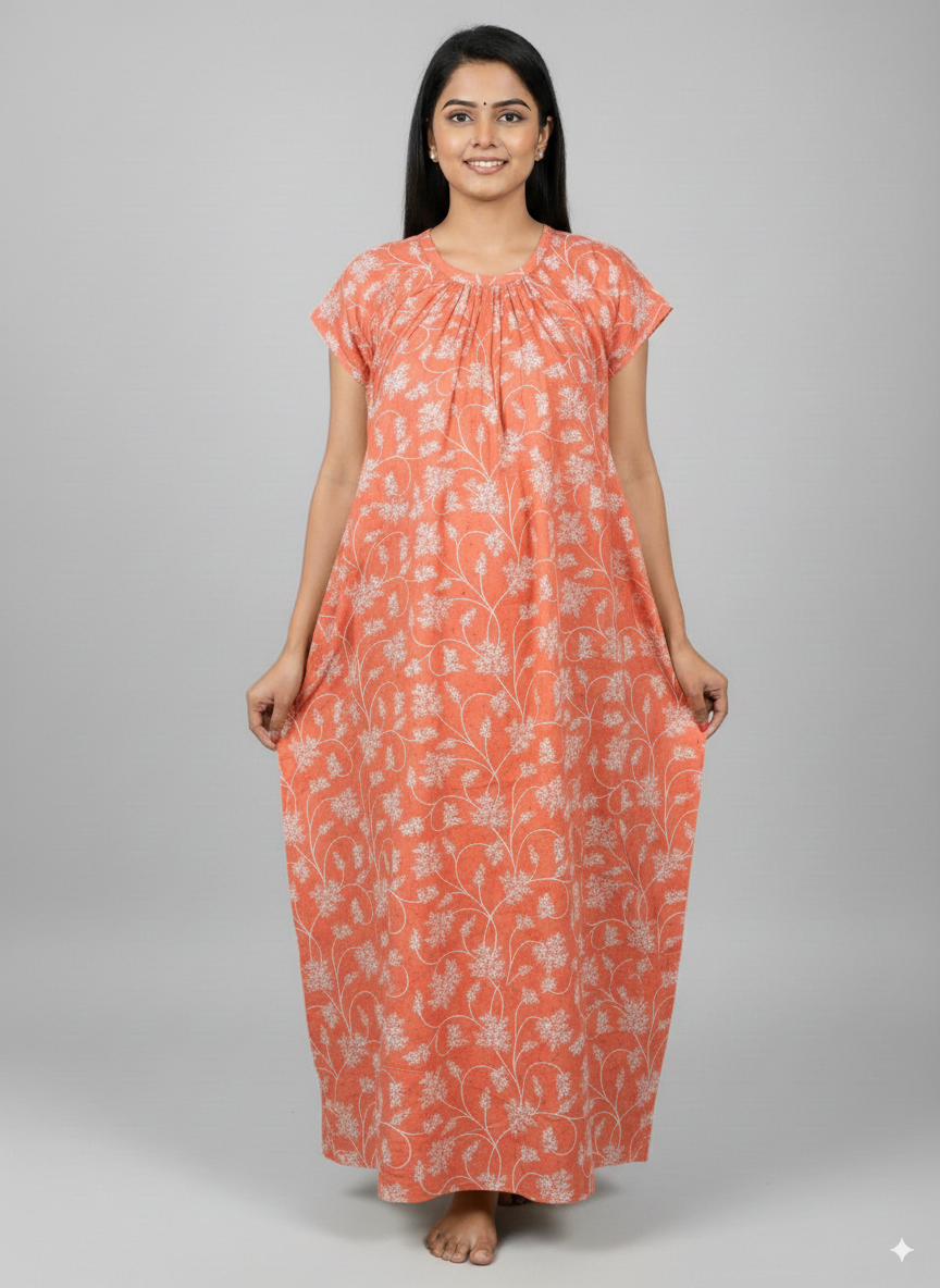 Women’s Cotton Nighty Combo of 3 – Bright Blossom (Orange, Yellow & Pink) | Free Size Fits Bust 32–44″ | Soft Cotton Nightwear | Made in India