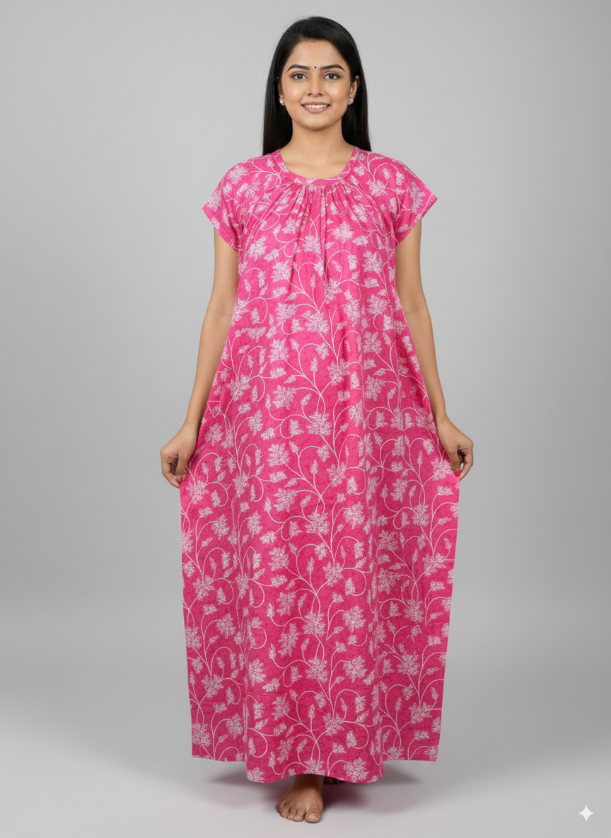 Women’s Cotton Nighty Combo of 3 – Bright Blossom (Orange, Yellow & Pink) | Free Size Fits Bust 32–44″ | Soft Cotton Nightwear | Made in India