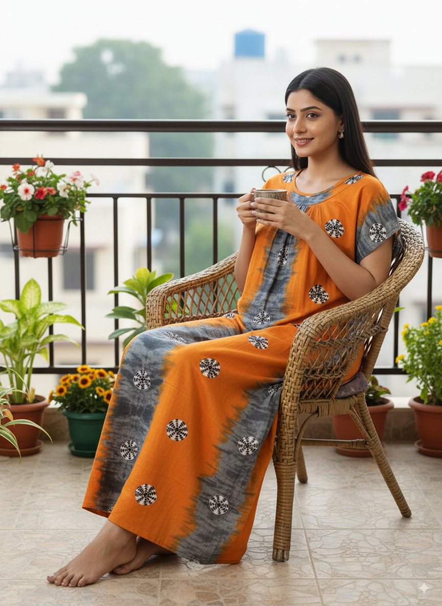 Women’s Cotton Nighty Combo of 3 – Bright Blossom (Orange, Yellow & Pink) | Free Size Fits Bust 32–44″ | Soft Cotton Nightwear | Made in India