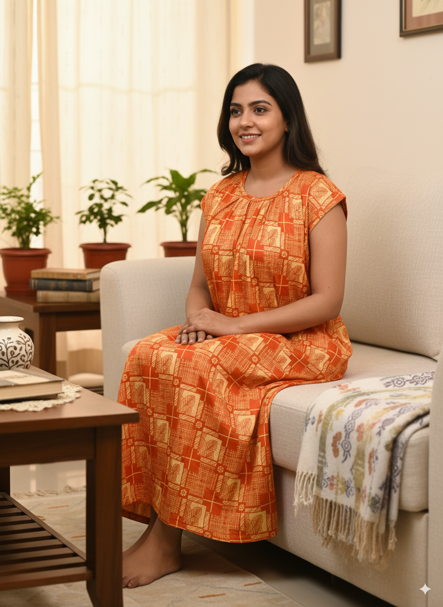 Women’s Cotton Nighty Combo of 3 – Bright Blossom (Orange, Yellow & Pink) | Free Size Fits Bust 32–44″ | Soft Cotton Nightwear | Made in India