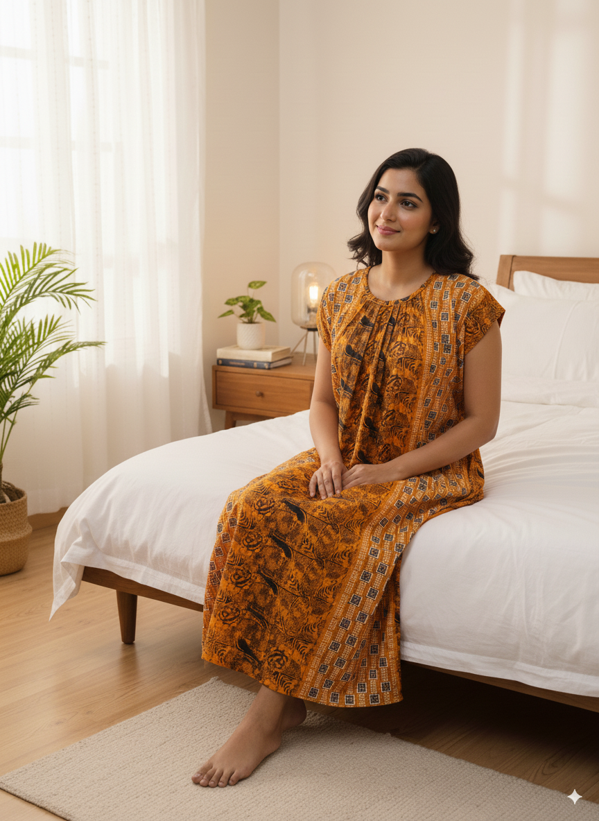 Women’s Cotton Nighty Combo of 3 – Bright Blossom (Orange, Yellow & Pink) | Free Size Fits Bust 32–44″ | Soft Cotton Nightwear | Made in India