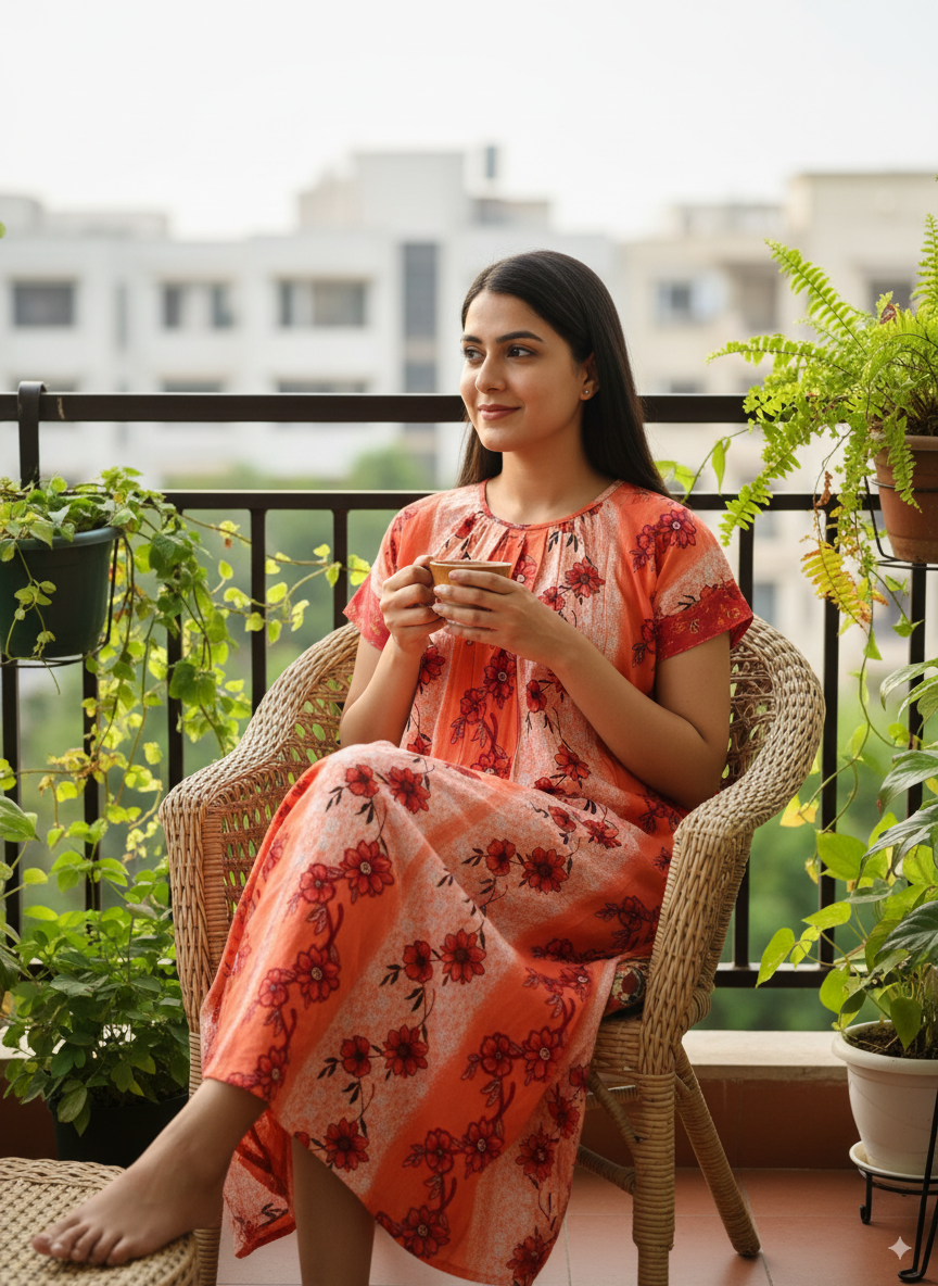 Women’s Cotton Nighty Combo of 3 – Bright Blossom (Orange, Yellow & Pink) | Free Size Fits Bust 32–44″ | Soft Cotton Nightwear | Made in India