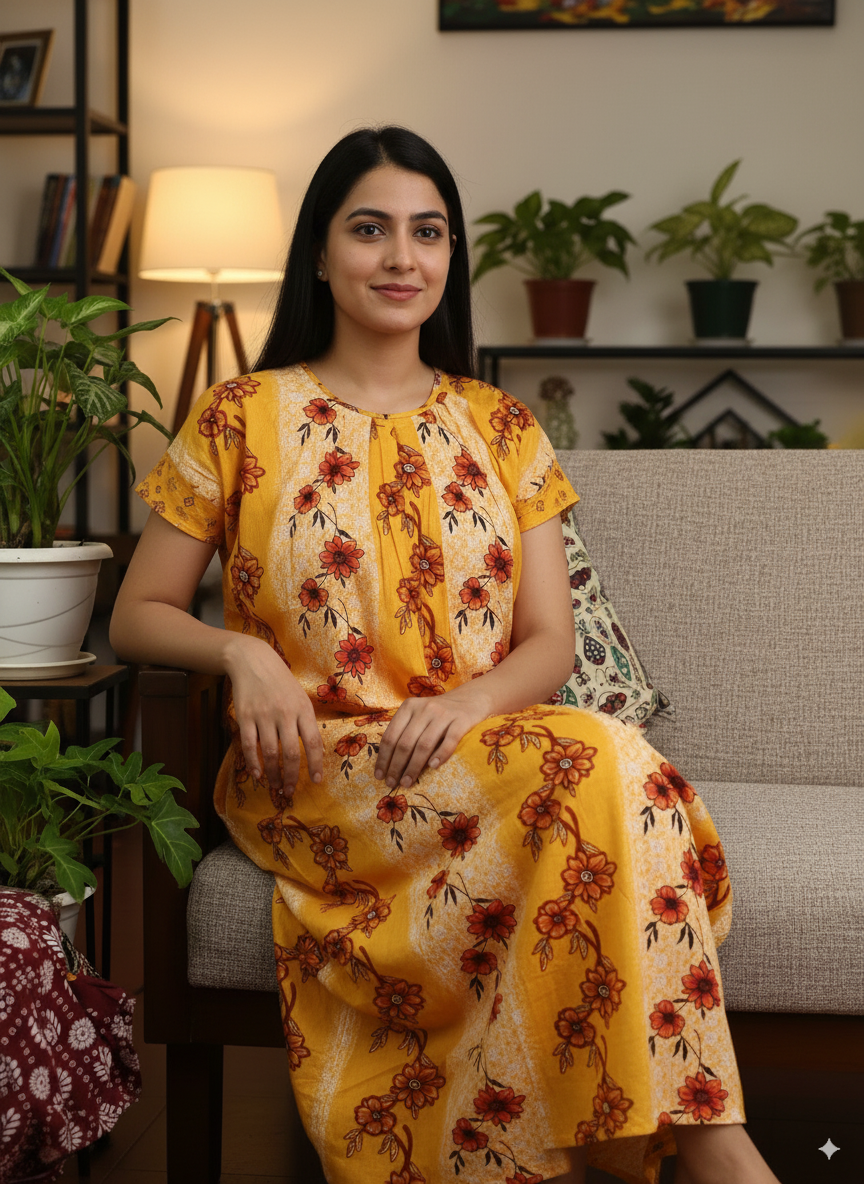 Women’s Cotton Nighty Combo of 3 – Bright Blossom (Orange, Yellow & Pink) | Free Size Fits Bust 32–44″ | Soft Cotton Nightwear | Made in India