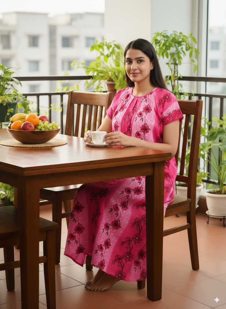 Women’s Cotton Nighty Combo of 3 – Bright Blossom (Orange, Yellow & Pink) | Free Size Fits Bust 32–44″ | Soft Cotton Nightwear | Made in India