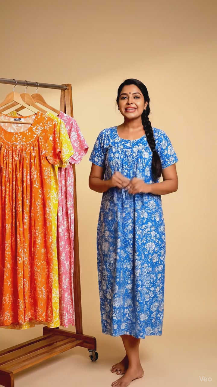 Women’s Cotton Nighty Combo of 3 – Bright Blossom (Orange, Yellow & Pink) | Free Size Fits Bust 32–44″ | Soft Cotton Nightwear | Made in India